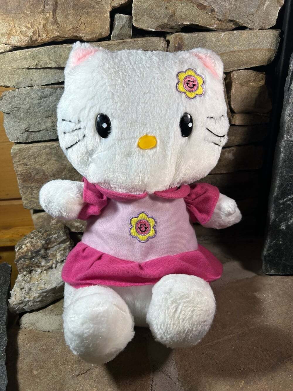 Hello Kitty Plush stuffed toy pink outfit embroidered yellow flower